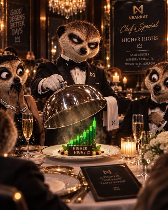 A suited meerkat waiter unveils a silver cloche at an elegant fine-dining table, revealing a green candlestick chart labeled "HIGHER HIGHS" alongside champagne flutes and banners reading "NEARKAT Chef's Special" and "SAME SPECIES DIFFERENT CHARGES BRIGHTER TOMORROW"—a visual pun on $NEARKAT's pitch of an early memecoin entry promising significant upside before the chart repeats elsewhere.