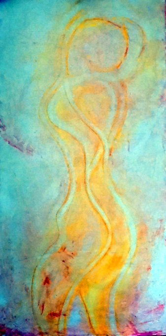 An abstract watercolor painting featuring flowing, curving lines in warm orange and yellow tones against a textured turquoise and green background, suggesting the fluid silhouette of a figure.