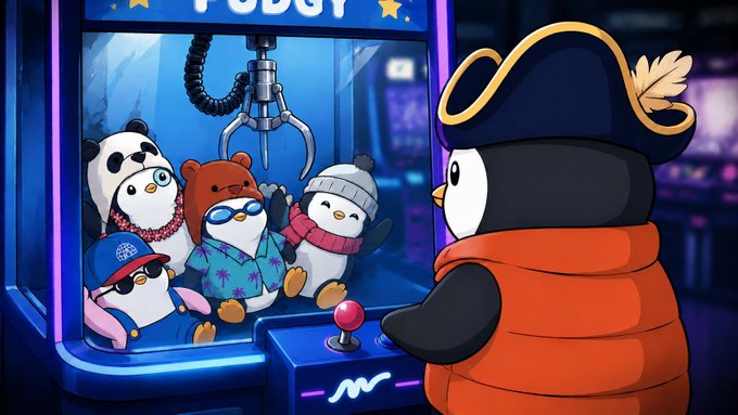 A digital illustration of a penguin dressed as a pirate playing an arcade claw machine that contains plush toys of a panda, bear, penguin, and a bunny wearing sunglasses.