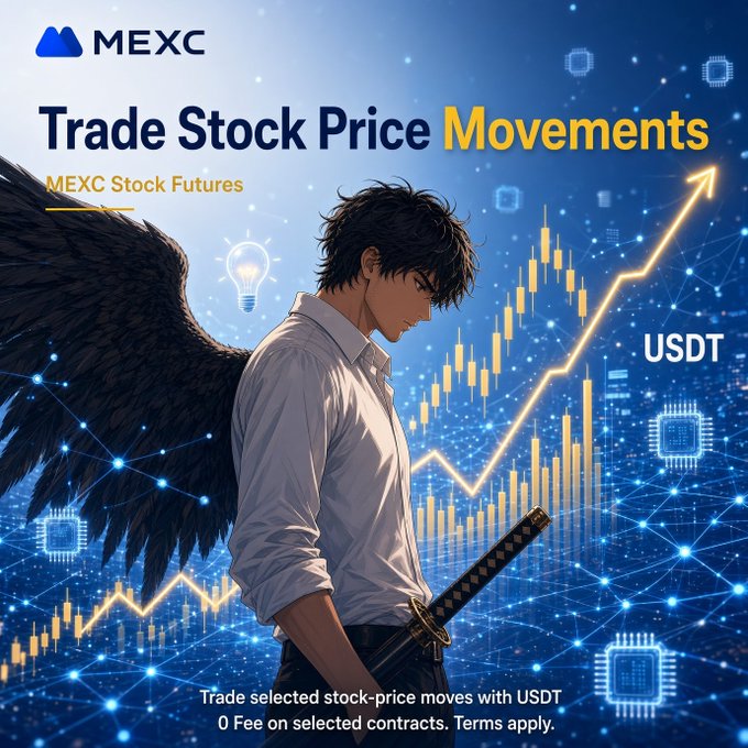 A MEXC promotional graphic titled 'Trade Stock Price Movements' depicts an anime-style winged character with a sword alongside a glowing upward chart arrow, with text 'Trade selected stock-price moves with USDT. 0 Fee on selected contracts. Terms apply.'