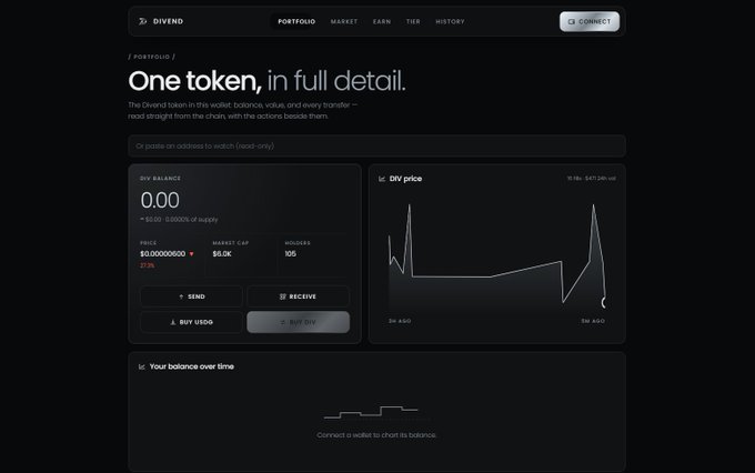 A dark-themed cryptocurrency portfolio dashboard for 'DIVEND' showing 'One token, in full detail' with a balance of 0.00, price charts for 'DIV price' and 'Your balance over time'.