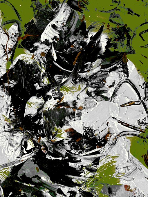 An abstract painting featuring thick, swirling brushstrokes in black, white, and olive green.