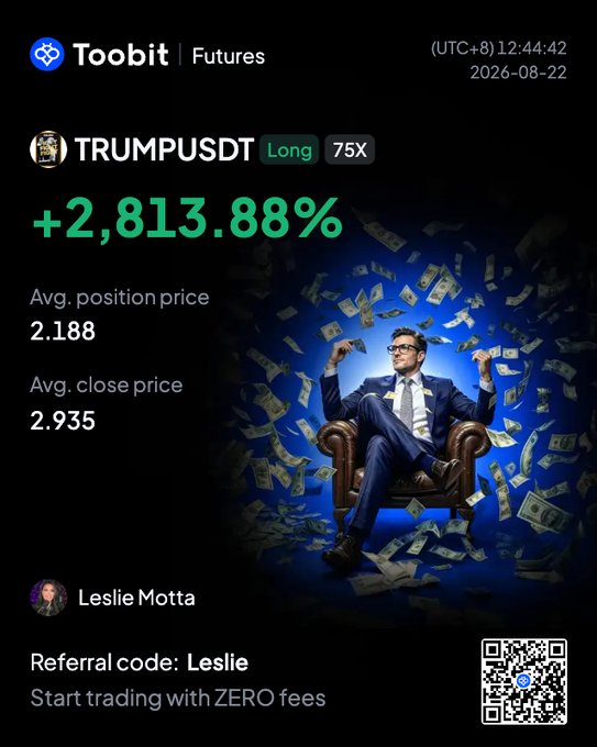 The image is a promotional trading success graphic from Toobit Futures showing a +2,813.88% gain on a TRUMPUSDT long position (75X leverage) with an average entry of 2.188 and close of 2.935, credited to user "Leslie Motta" with referral code "Leslie" and a "Start trading with ZERO fees" tagline. The image visually reinforces the post's theme of successful trading gains, likely celebrating a profitable scalping session made with the help of a friend's call (Zac), as depicted by the confident figure sitting in a chair surrounded by falling money.