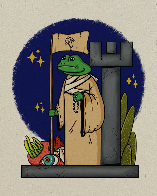An illustration depicts a green frog character dressed in monk robes, holding a flag with a mushroom symbol and prayer beads, standing beside a stone tower and an eyeball plant.