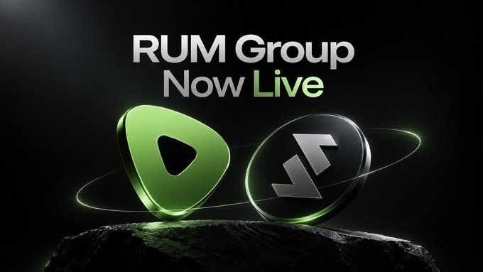 A promotional graphic with the text "RUM Group Now Live" displayed above two glowing icons (a green play button and a black monogram) on a dark rocky surface.