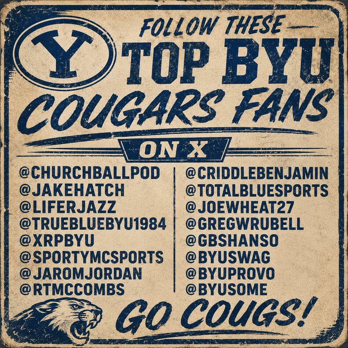 A vintage-style, distressed sign that reads "FOLLOW THESE TOP BYU COUGARS FANS ON X" listing various X handles, with "GO COUGS!" at the bottom alongside a cougar logo.