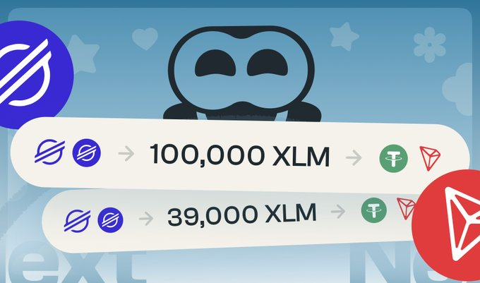 A graphic shows cryptocurrency exchange conversions: Stellar (XLM) amounts being swapped for Tether (USDT) and Tron (TRX).