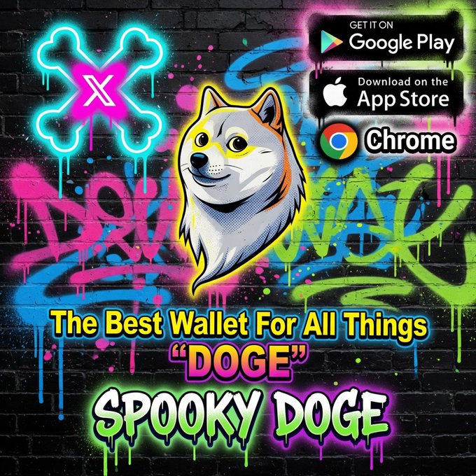 The image features a white dog with yellow eyes, wearing a cross necklace, against a black background adorned with graffiti. Below the dog's head, there are four different app icons representing various platforms such as Google Play Store, Apple App Store, Chrome, and Twitter. The text in the image reads "The Best Wallet for All Things 'DOGE'".