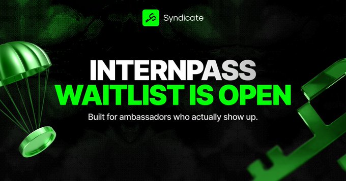 The image features a banner with green text that reads "InternPass waitlist is open" and includes an image of a green parachute. The banner also mentions that the InternPass waitlist is live, meaning it's currently active and accessible for users who want to join or update their profiles on the platform. It highlights the benefits of joining the internpass community, such as access to verified ambassadors' portfolios and earning SynPoints rewards by sharing content across web3 projects.