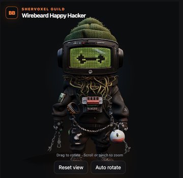 A digital 3D character titled "Wirebeard Happy Hacker" wears a beanie, a green pixelated smiley-face visor, and a jacket made of tangled wires against a black background with "SHEDVOXEL GUILD" displayed.