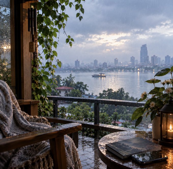 A cozy balcony scene during rain overlooking a city skyline and waterway, featuring a wooden chair with a knitted blanket, a table with a book and smartphone, a lit candle, and plants in the foreground.