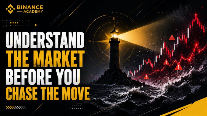 The Binance Academy graphic features a stormy ocean scene with a lighthouse beam cutting through dark waves alongside a red downward-trending candlestick chart, illustrating market volatility. The bold text reads "UNDERSTAND THE MARKET BEFORE YOU CHASE THE MOVE," reinforcing the post's warning about blindly chasing price action without understanding the underlying market drivers like liquidity, sentiment, and macro conditions.