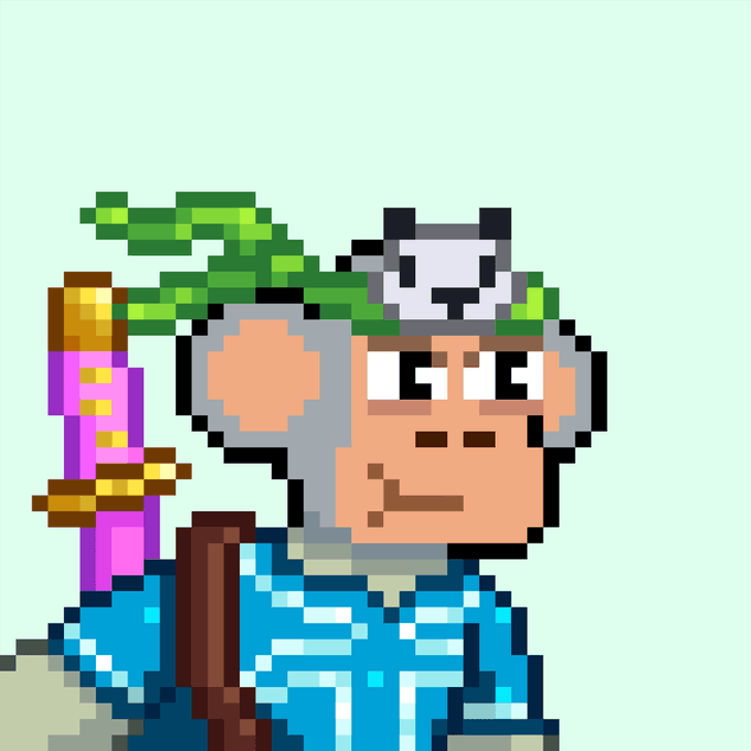 A pixel art character with large ears, wearing a blue patterned shirt, carries a sword with a green-wrapped hilt and a pink sheath on their back.