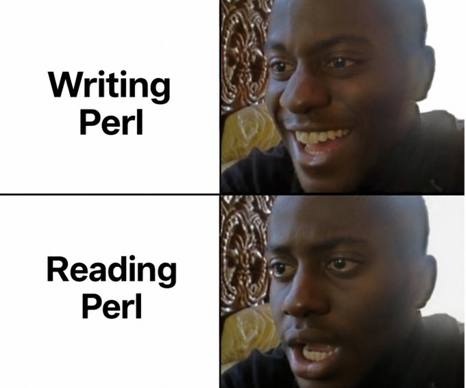 A two-panel meme contrasting 'Writing Perl' with a smiling Khaby Lame and 'Reading Perl' with a confused Khaby Lame.