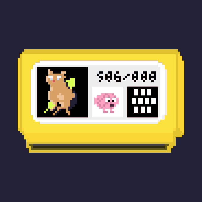 A pixel-art yellow cassette tape featuring an image of a Pikachu-like character on the cover, labeled "586/000," alongside a pink brain icon and a keypad design, fitting the post's theme of a developer trading a physical cassette collectible while discussing a mint alert system integration.