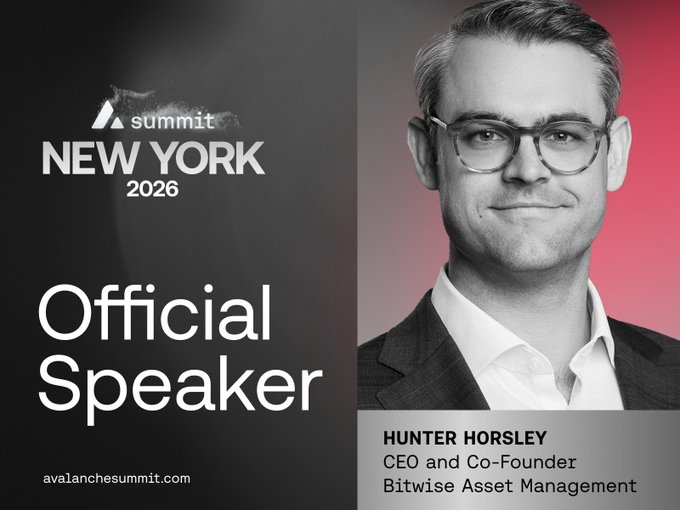 Official speaker announcement graphic for 'Summit New York 2026' featuring Hunter Horsley, CEO and Co-Founder of Bitwise Asset Management.
