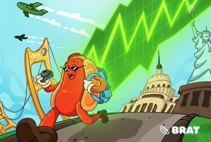 An illustrated cartoon features a smiling hot dog character wearing sunglasses and a backpack, holding a coffee, walking in front of the U.S. Capitol and Statue of Liberty with a green rising chart in the background and the 'BRAT' logo.