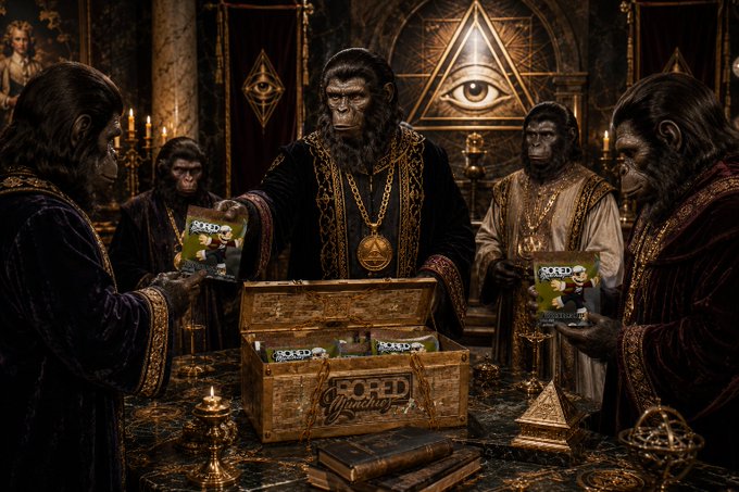 A scene depicts several apes dressed in elaborate, regal attire within an ornate room featuring an 'all-seeing eye' symbol, examining 'BORED' branded items around a golden treasure chest.