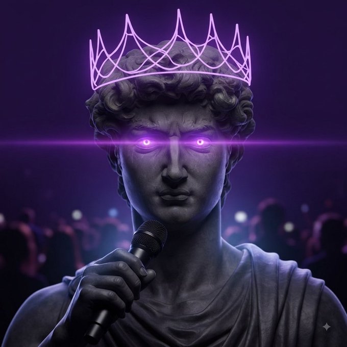 A 3D-rendered bust of a classical statue wearing a glowing pink crown and holding a microphone, with bright pink laser beams shooting from its eyes.