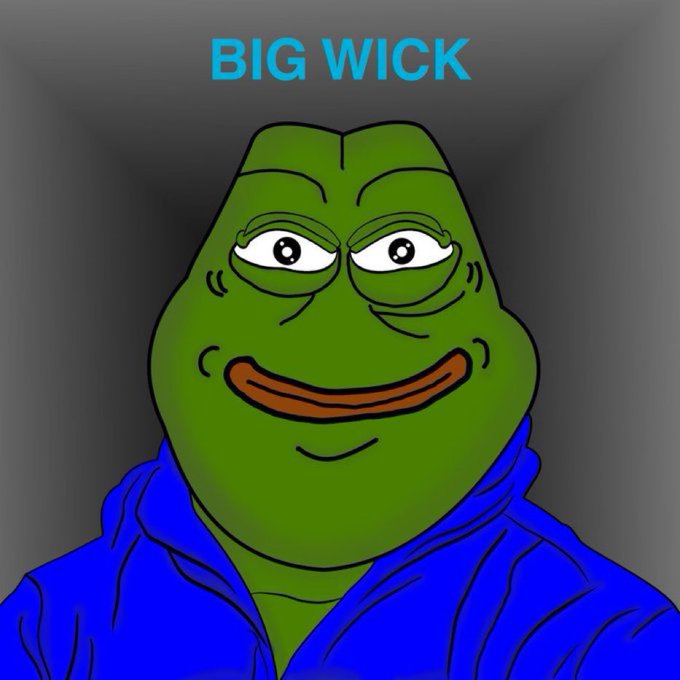 A smug Pepe the Frog character wearing a blue hoodie smiles deviously in a gray room, with the cyan text "BIG WICK" displayed above him. The image's triumphant expression and bullish "BIG WICK" caption pair with the post's confident declaration that bears' days are numbered and a true bull market is imminent, suggesting an incoming massive price movement in the poster's favor.