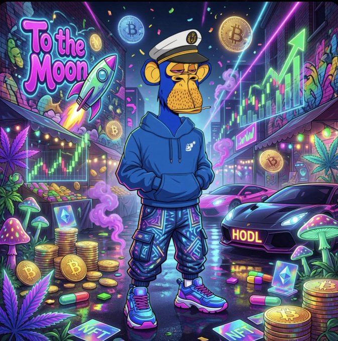 A vibrant digital illustration of a blue Bored Ape-style character wearing a captain's hat and hoodie, standing in a neon-lit street scene with 'To the Moon' text, a rocket, Bitcoin and Ethereum coins, an NFT logo, and a car with 'HODL' on the license plate.