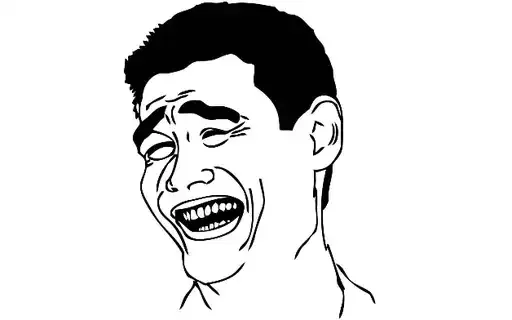 A black and white line drawing of a 'Yao Ming face' meme, depicting an exaggerated laughing expression.