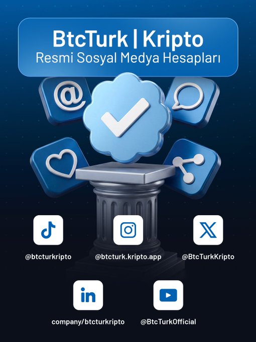 The image displays BtcTurk | Kripto's official social media accounts, featuring a verification checkmark icon surrounded by social media symbols (at-sign, chat bubble, heart, and share icon) on a pillar. It lists five verified accounts: TikTok (@btcturkripto), Instagram (@btcturk.kripto.app), X (@BtcTurkKripto), LinkedIn (company/btcturkripto), and YouTube (@BtcTurkOfficial), serving as a visual warning to users to only trust these platforms and disregard impersonators.
