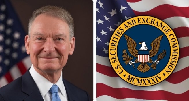 The image shows a professional portrait of a man in a dark suit with a blue tie, likely a government official, alongside the official seal of the U.S. Securities and Exchange Commission (SEC) featuring an eagle, the text "U.S. SECURITIES AND EXCHANGE COMMISSION," and the Roman numerals "MCMXXXIV" (1934), all set against an American flag backdrop. The image visually represents the SEC's proposed regulatory framework for crypto token sales, with up to $75M potentially raisable annually under the new exemption.