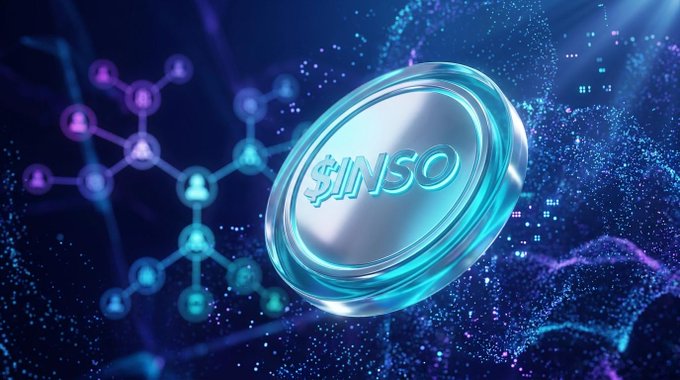 A glossy, futuristic $INSO coin floats against a vibrant blue digital backdrop, with a stylized blockchain network of user-profile nodes extending behind it. The sleek token design visually reinforces the post's message of $INSO as a stakeable, governance-driven asset powering the @insoblokai network's AI revolution.