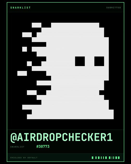 A digital Snarklist card #30773 features a pixelated white ghost-like figure and the handle '@AIRDROPCHECKER1' with 'SHIELDED BY DEFAULT' text.