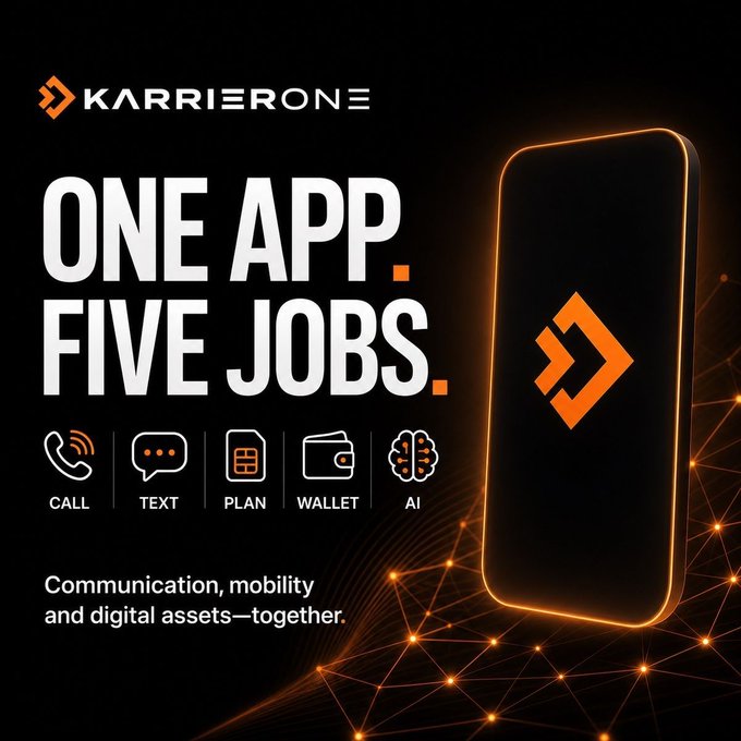 Advertisement for the "KarrierOne" app featuring the tagline "ONE APP. FIVE JOBS." with icons for Call, Text, Plan, Wallet, and AI, alongside a smartphone displaying the app's logo.