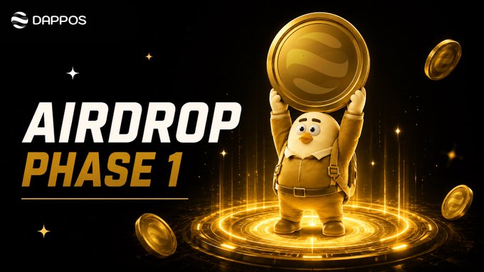 A promotional banner for DappOS features a cartoon penguin holding up a large gold coin, with bold text announcing "AIRDROP PHASE 1" against a dark, cosmic background. The design visually reinforces the post's announcement about the start of DappOS's first airdrop phase.