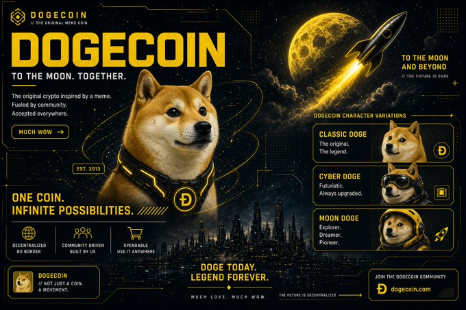 A black-and-gold Dogecoin poster features the Shiba Inu mascot, “TO THE MOON. TOGETHER.,” “ONE COIN. INFINITE POSSIBILITIES.,” and “DOGE TODAY. LEGEND FOREVER.” alongside Classic Doge, Cyber Doge, and Moon Doge variations.
