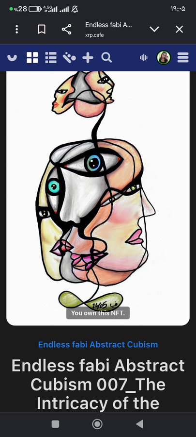A mobile phone screenshot showing an NFT titled 'Endless fabi Abstract Cubism 007_The Intricacy of the' on xrp.cafe, featuring a colorful abstract cubist artwork of a face.