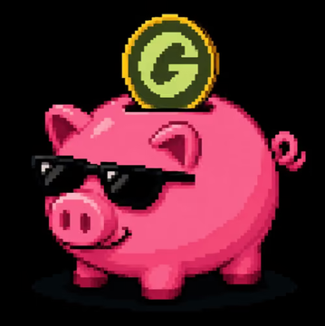 A pink pixel-art piggy bank wearing sunglasses with a golden "G" coin dropping into its slot, symbolizing investment value and undervaluation—aligning with the post's theme of crypto projects trading at surprisingly low floors relative to their underlying potential.