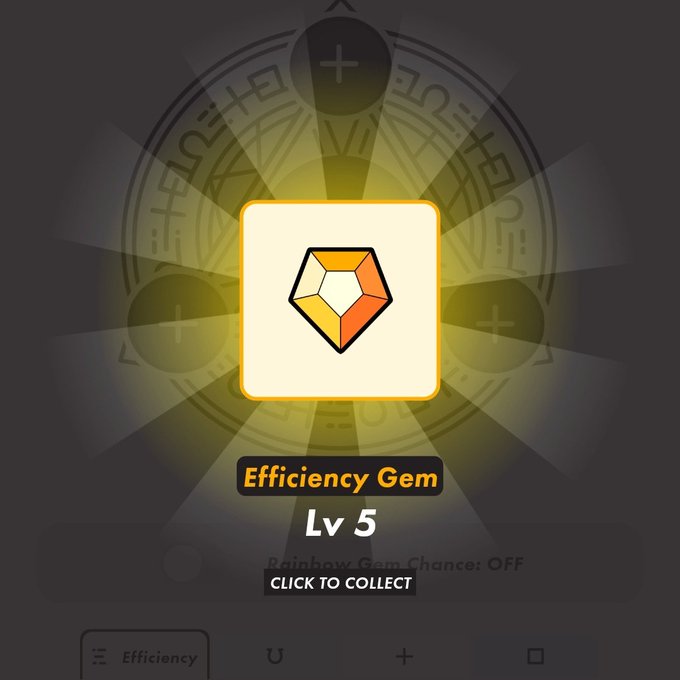 A glowing "Efficiency Gem Lv 5" reward is displayed on a circular mystical background, with a "CLICK TO COLLECT" button visible. The image relates to the STEPN post, as the hashtag refers to a STEPN gem reward, a feature within the move-to-earn fitness app that boosts sneaker efficiency.