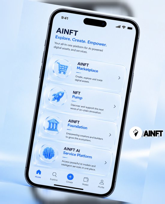 A promotional mockup of the AINFT mobile app displayed on a smartphone, showcasing sections for Marketplace, NFT Pump, Foundation, and AI Service Platform.