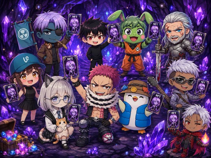 A group of chibi-style characters gather in a purple crystal cave, each proudly holding up "NFT" badges featuring a character portrait, celebrating their ChogNFT whitelist (WL) spots ahead of tomorrow's mint, with a thank-you shoutout to @1stBenjaNAD for securing last-minute slots.
