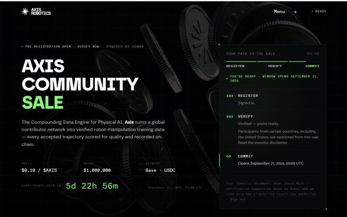 A webpage promoting the Axis Community Sale powered by Sonar on Base, showing details like 'PRE-REGISTRATION OPEN', price '$0.10 / $AXIS', target raise '$1,000,000', base 'USDC', and a countdown '5d 22h 56m' alongside a verification status menu.