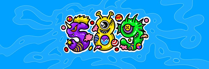 A vibrant cartoon-style NFT artwork featuring three colorful monster characters forming the letters "S", "O", and "C" against a wavy blue background, promoting a generative NFT collection on @xrpcafe with 589 of 16/16 editions minted.