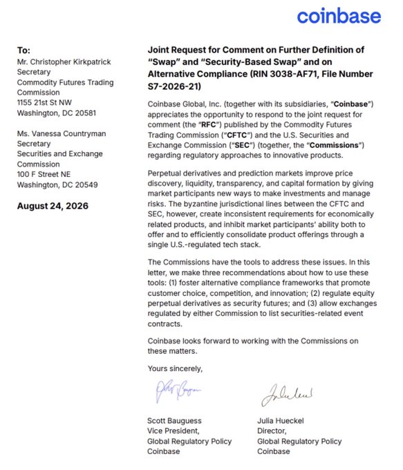 The image shows a formal Coinbase letter dated August 24, 2026, addressed to CFTC Secretary Christopher Kirkpatrick and SEC Secretary Vanessa Countryman, responding to a Joint Request for Comment (RIN 3038-AF71, File Number S7-2026-21) on defining "Swap," "Security-Based Swap," and alternative compliance frameworks—directly supporting the post's call to modernize U.S. derivatives rules and bring innovative perpetual markets onshore.