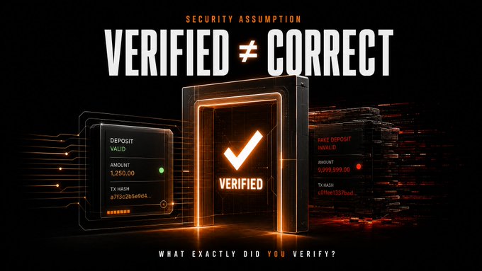 The image displays a dark, cybersecurity-themed graphic with the bold headline "SECURITY ASSUMPTION: VERIFIED ≠ CORRECT," flanked by two digital transaction panels—one green showing a "VALID" deposit of 1,250.00 XRP with a verified checkmark, and one red showing an "INVALID" fake deposit of 9,999,999.00 XRP—with the caption "WHAT EXACTLY DID YOU VERIFY?" at the bottom.

The image reinforces the post's warning about the bridge exploit: software can confirm a transaction *exists* (verified ✓) without confirming it actually transferred the correct assets, allowing attackers to spoof deposits and drain roughly 200,000 XRP in under two hours.