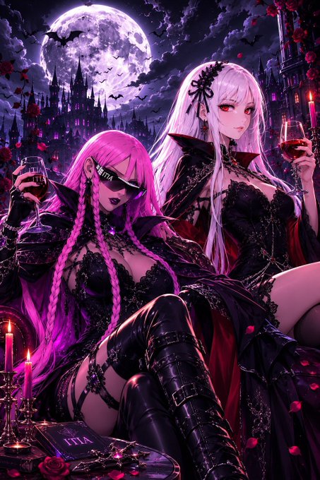 An anime-style illustration of two gothic women with pink and white hair in dark outfits holding wine glasses, set against a moonlit castle backdrop.