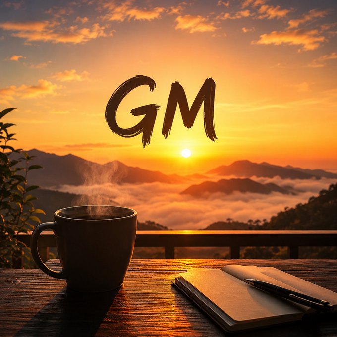 A warm sunset view from a wooden deck featuring a steaming mug of coffee and a notebook with a pen, with the large text "GM" written across the sky.