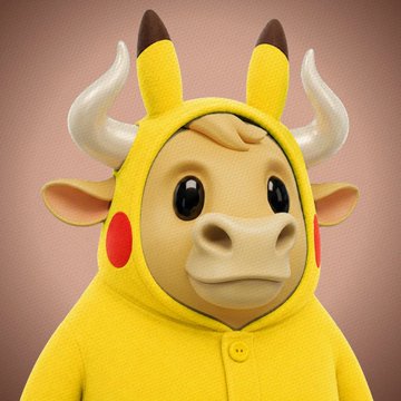 A 3D-rendered illustration of a cow wearing a yellow Pikachu-style hooded onesie with brown ear tips and red cheek circles.