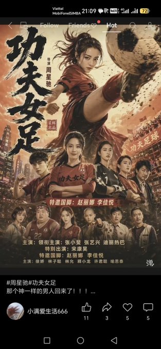 Promotional poster for the Chinese film "功夫女足" (Kung Fu Women's Football) starring Zhang Xiaofei and Dilraba, with a user comment mentioning Zhou Xingchi.
