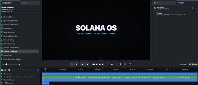 The image shows a computer screen displaying a video editing software interface with a video playing on the screen. The title of the video is "Solana OS", which is displayed in a purple font at the top of the screen, along with the words "The Automated Operating System". The background color of the image is black and white.
