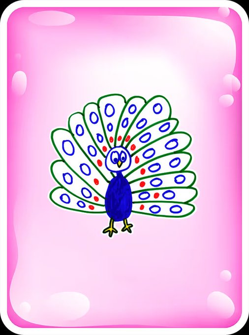 A child's drawing of a peacock with a fanned-out tail of patterned feathers displayed on a pink background.