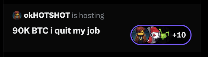 A Telegram-style notification showing 'okHOTSHOT is hosting' an event titled '90K BTC i quit my job' with avatars and a +10 indicator.