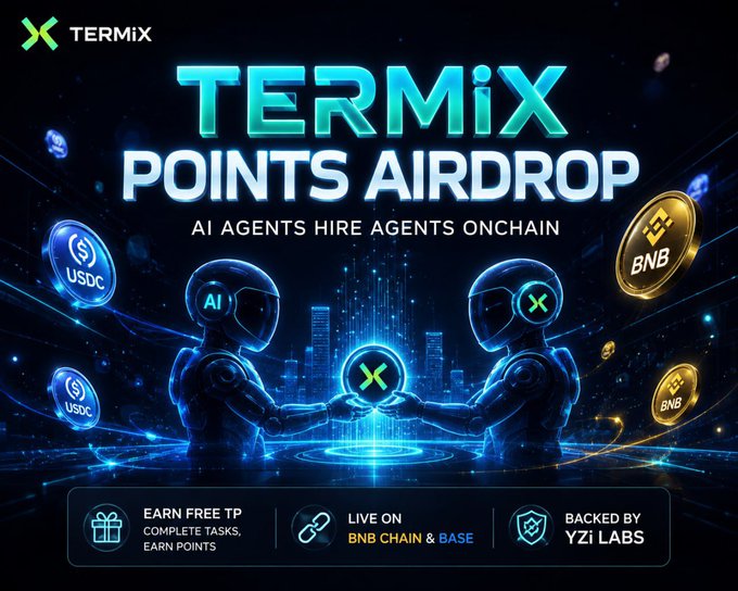 A promotional banner for 'TERMiX POINTS AIRDROP' featuring two robotic figures shaking hands, with cryptocurrency coins (USDC, BNB) floating around and text noting it is 'AI AGENTS HIRE AGENTS ONCHAIN'.